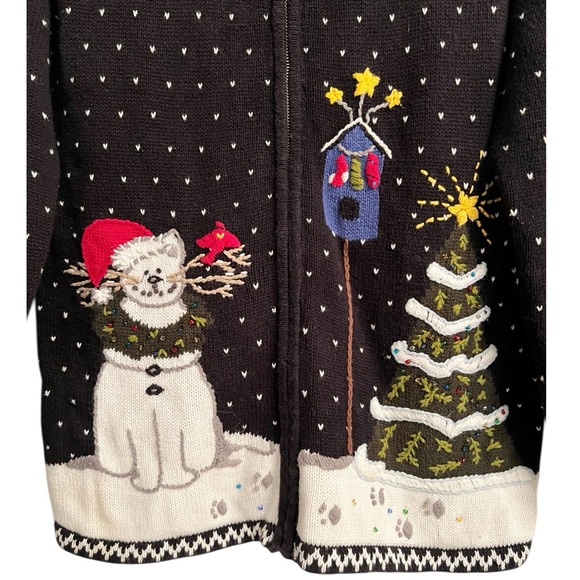 Vintage Quacker Factory Winter Holiday Cat Tree Zippered Cardigan Sweater Medium - Picture 3 of 7
